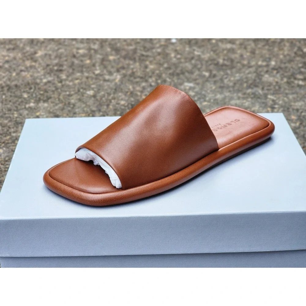 CLERGERIE PARIS Ezy Cognac Leather Flat Slide Sandals Square Toe Size 37 NEW